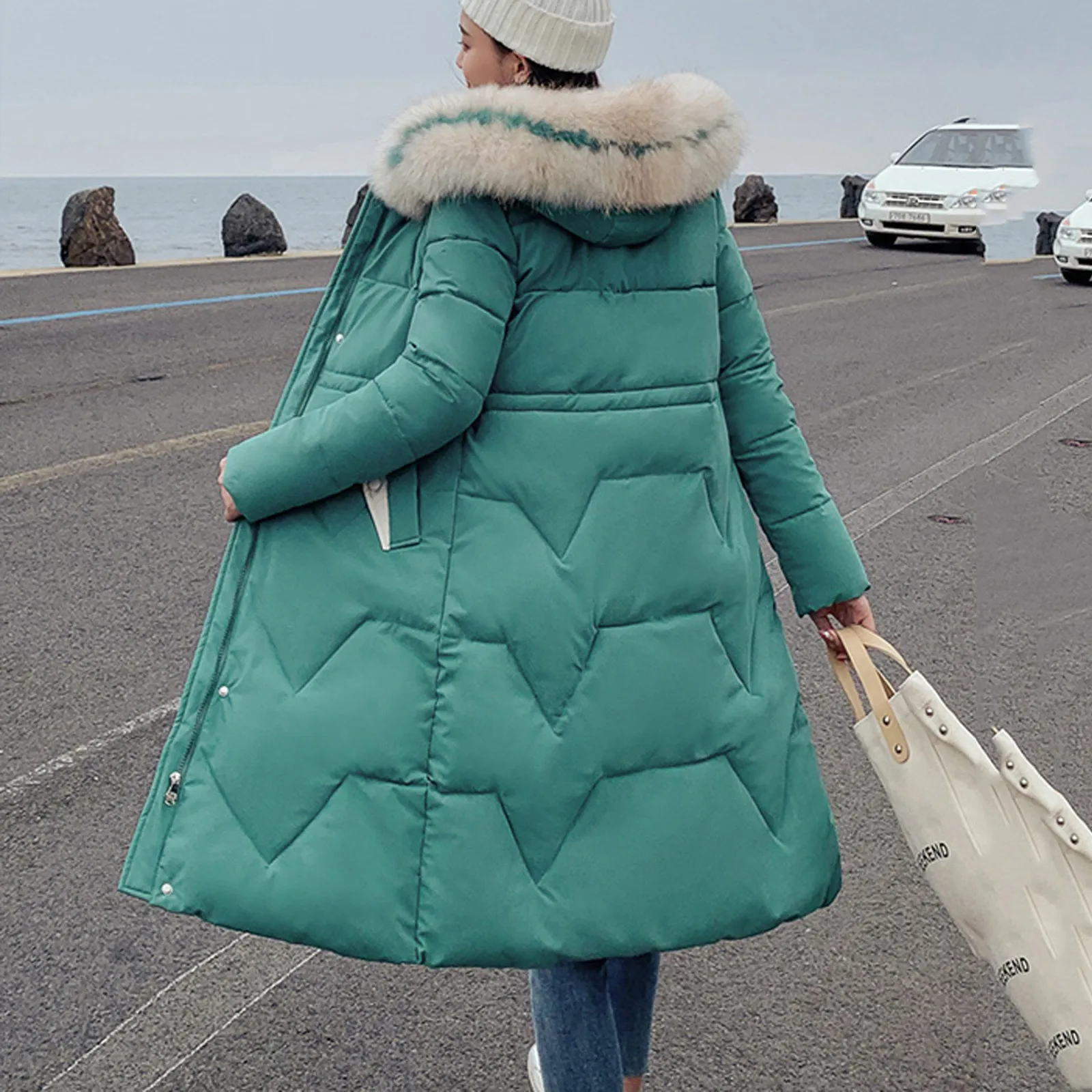 

Fur-Collar Slim Long Coats for Women Winter Thicken Big Pocket Windbreaker Hoody Outerwear Girls Streewear Parkas