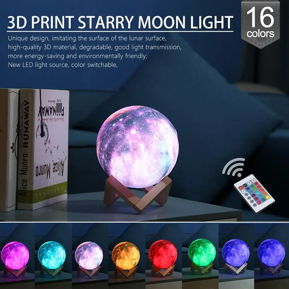

Table Lamps 3D Print Starry Sky Moon Night Lights With Wooden Holder Colorful 16 Colors Changing Touch Switch Decor For Desktop