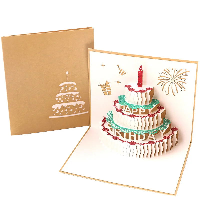 Birthday Card With Envelope Three-Dimensional 3D Card Birthday Blessing Message Card Congratulations Gift Cake Greeting Card Set 10pc three dimensional pattern colorful folding greeting card birthday christmas gift cards envelope writing paper