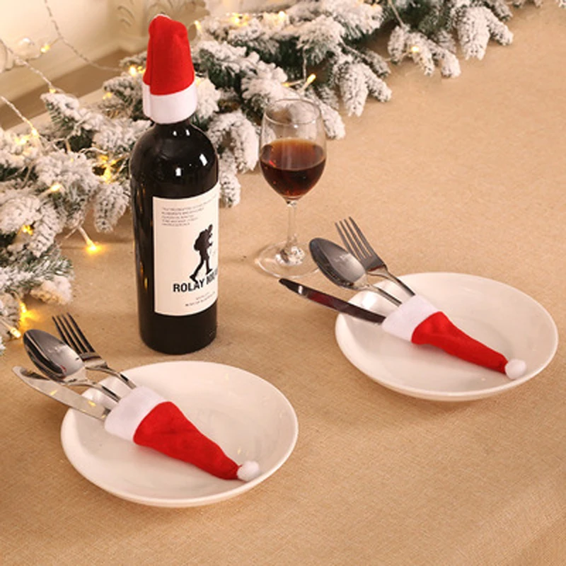 10Pcs/Bag Christmas Fork Knife Cutlery Holder Bag Pocket Mini Lollipop Xmas Hats Lollypop Cap Table Decor New Year - купить по