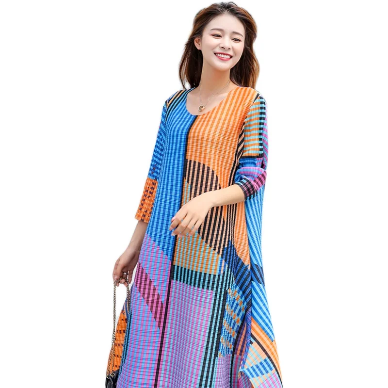 

SuperAen Fall 2020 Plus Size Loose Slim Full O Neck Print Mid Calf Dress for Women
