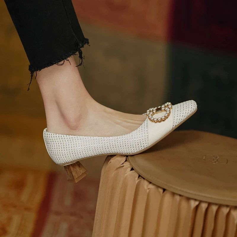 

Lanxuryee French romantic square toe strange med heel pearl decoration beauty lady mature elegant evening party women pumps L07