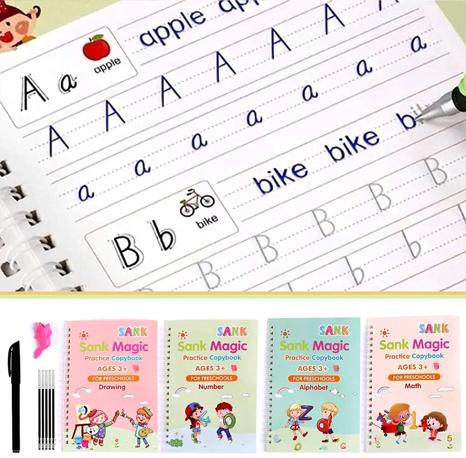 

4 PCS Sank Magic Practice Copybook English for Kids Reusable Magical Copybook Kids Tracing Book for Handwriting