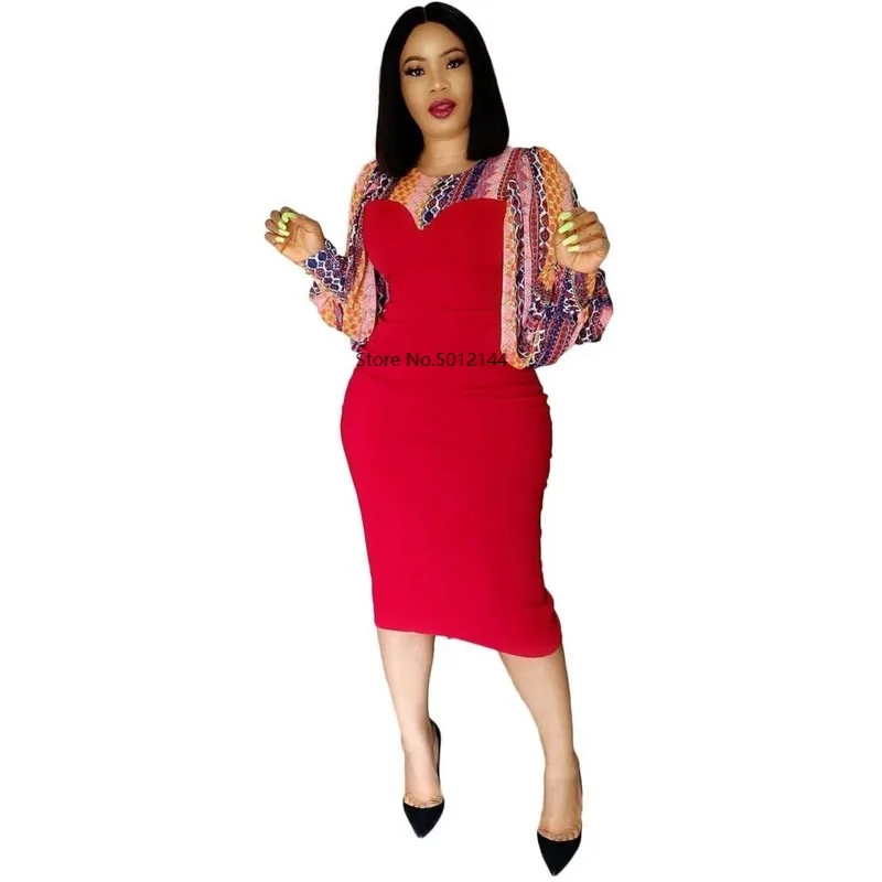 Женское узкое платье с круглым вырезом в стиле пэчворк длинными рукавами средней