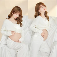 2021 pregnant women clothes tops pants tight solid color long sleeve maternity clothing 2pcsset white