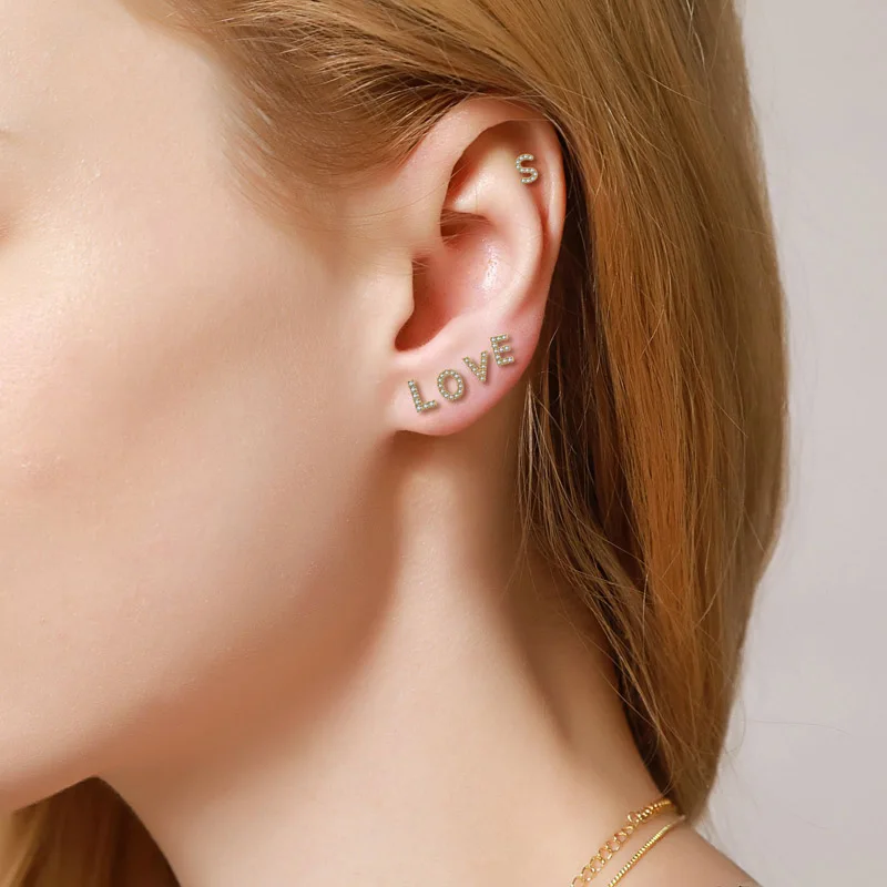 

Top Quality Fashion Gold Plated Sterling Silver Post Initial CZ Letter Tiny Stud Earrings For Women Jewelry With 925 Stamp