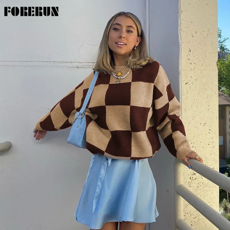 Пуловер-оверсайз FORERUN в крупную клетку с круглым вырезом длинными рукавами Y2k