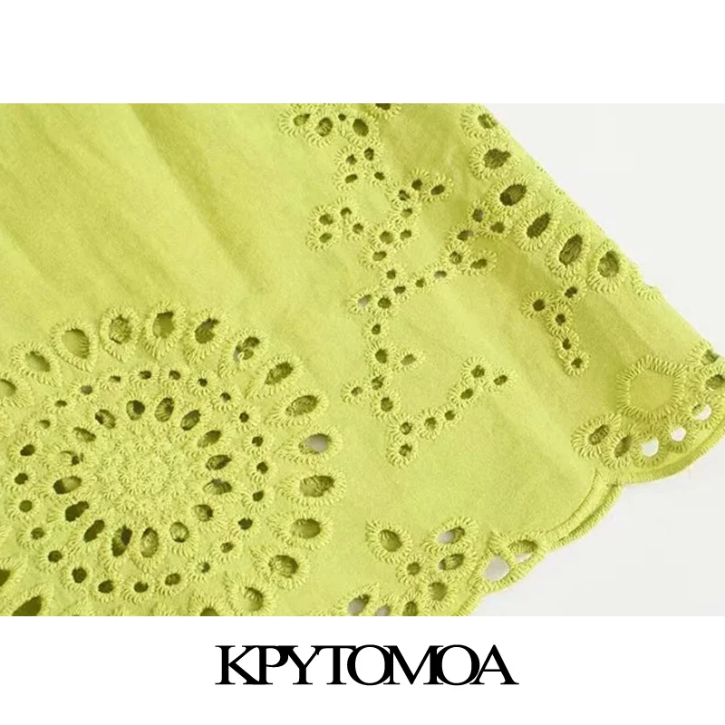 

KPYTOMOA Women 2021 Fashion Hollow Out Embroidery Ruffled Midi Dress Vintage Elastic Smocked Tie Straps Female Dresses Mujer