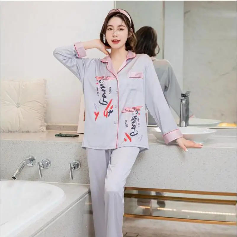 

Summer Spring Print Pajamas Set Women Pink 2PCS Sleepwear Long Sleeve Shirt&Pants Femme Loungewear Silky Pijamas Suit Homewear