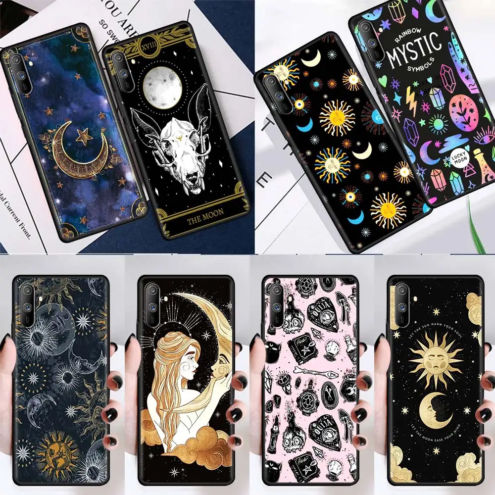 

Silicone Case For Realme C3 6 7 C25 5 XT X50 8 Pro C11 C15 7i C21 V5 Black Coque Tpu Soft Magic Moon Tarot Pattern Phone Cover