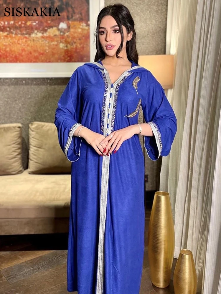 

Siskakia Ramadan Eid Jalabiya Fashion Muslim Dubai Arabic Hooded Abaya Dress Moroccan Kaftan Diamond Jalabiat Women Robe 2021