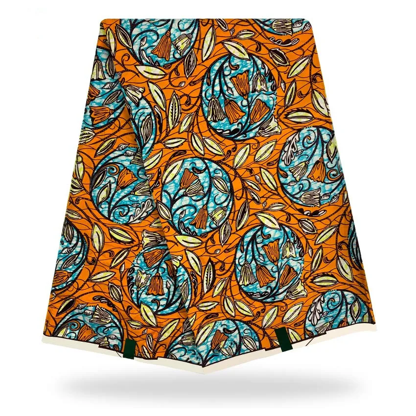 

Оранжевая африканская ткань с принтом, воск 2022 нигерийский, 100% хлопок, высокое качество, искусственный воск, материал 6 ярдов