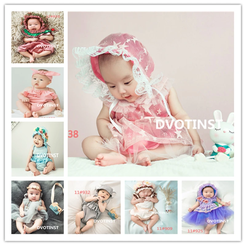 Dvotinst Baby Girls Photography Props Mesh Floral Dresses+Bonnet Hat 2pcs Set for 6-10M Fotografia Studio Shoots Photo Props