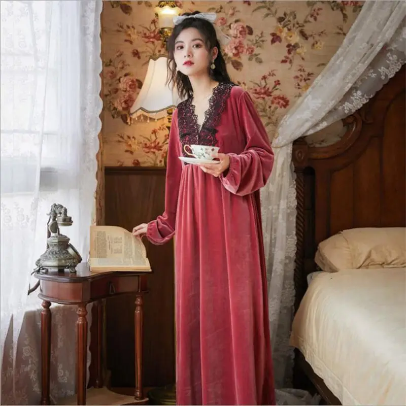 

Long Sleeves and Velvet Sleep Skirt Winter Court Style Dress Warm Velvet Pyjamas Outside Wear Slim Large Size Home Dress Spring