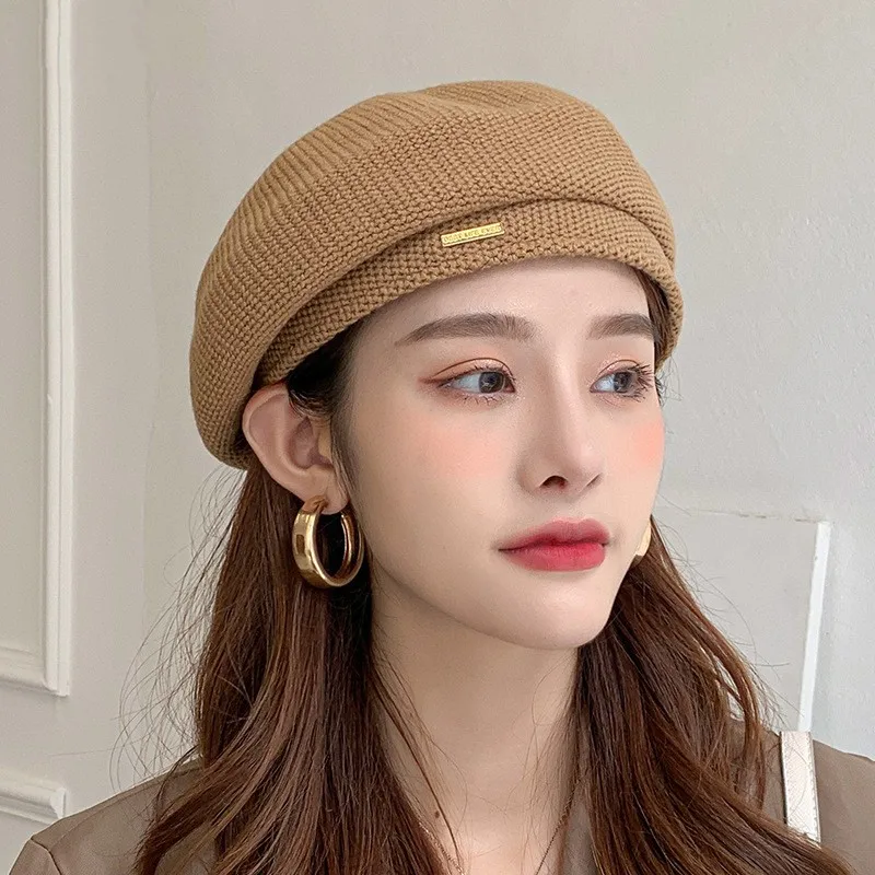 

Women Autumn Winter Beret Women's Solid Color Knitted Cotton Hats Adjustable Tape Design Berets Retro British Painter Hat