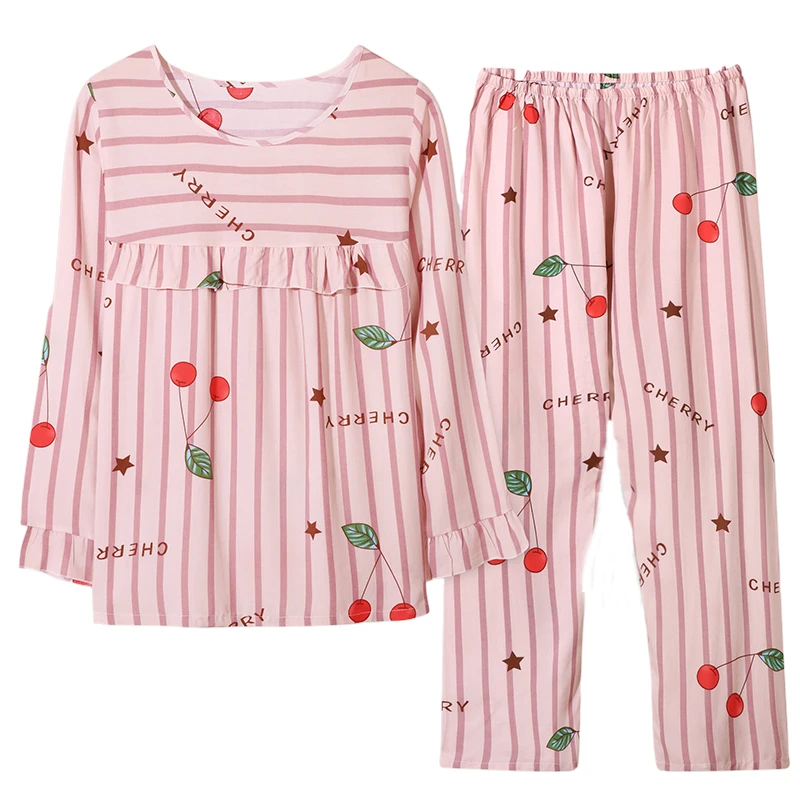 

Women Spring And Summer Cotton Pajamas Long-Sleeved Suit Cute Korean Thin Air-Conditioned Artificial Cotton Sleepwear