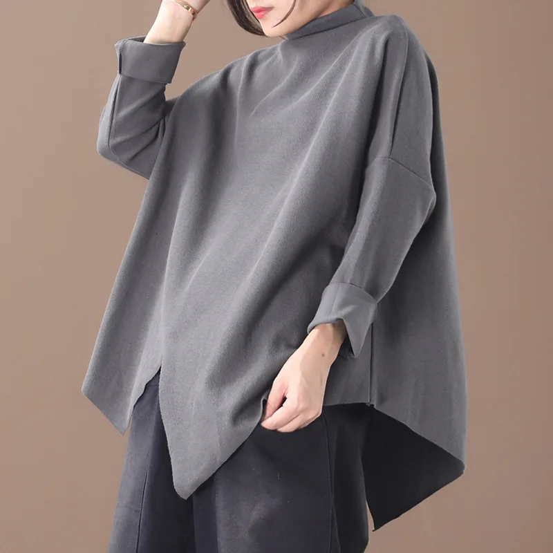 grey SuperAen, новинка, корейский стиль, футболки женские, свободные, плюс размер, водолазка,, необычные, одноцветные, с длинным рукавом, Футболки женские - Цвет: grey