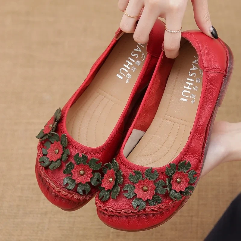 

Handmade Genuine Leather Flats Women Shoe 2021 New Summer Woman Sewing Shallow Loafers Soft Sole Appliques Women's Moccasin Red