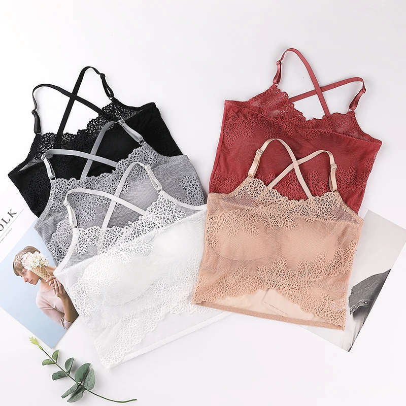 

Sexy Bras Women Soft Lace Mesh Trim Lingerie Translucent Cross Straps Seamless Push Up Wireless Comfort Bralette Underwear