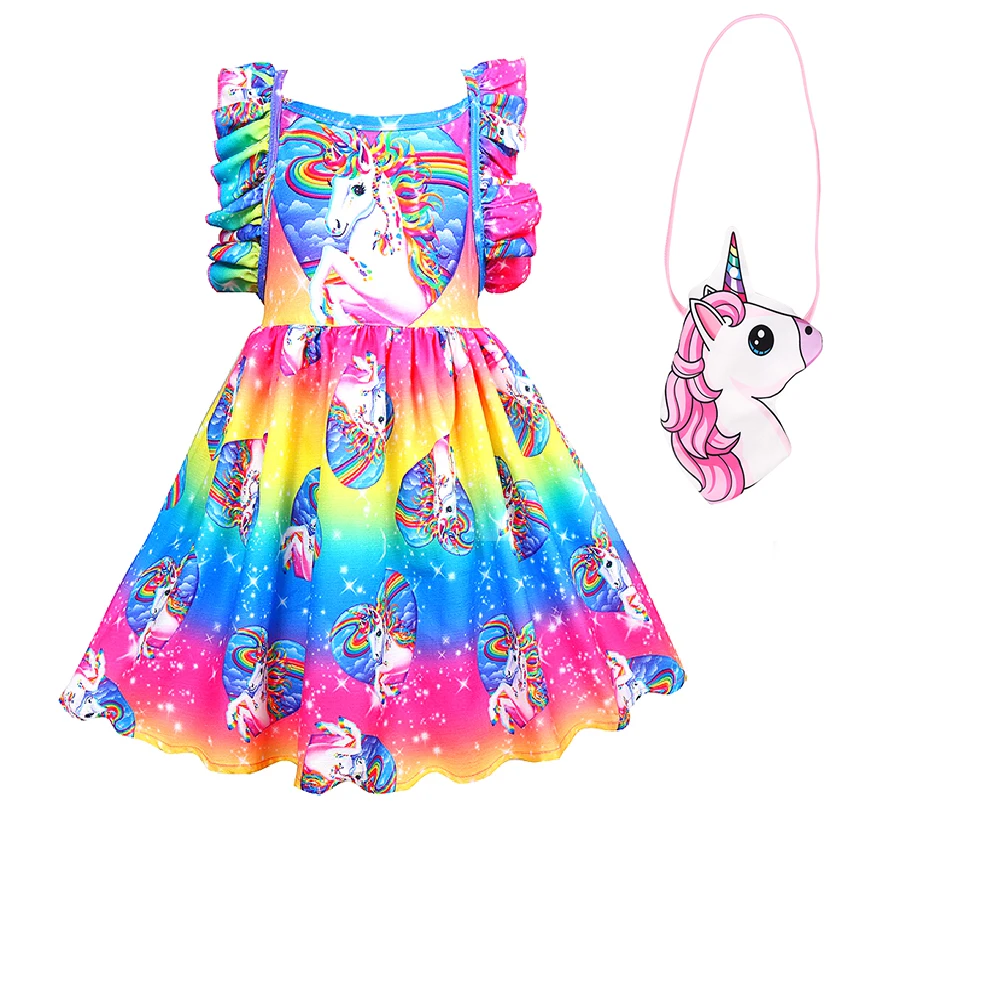 dress with bag12 Летняя одежда для маленьких девочек, платье с единорогом, платье принцессы без рукавов, детская одежда, костюм с героями мультфильмов для девочек, vestidos 36010 - Цвет: dress with bag12