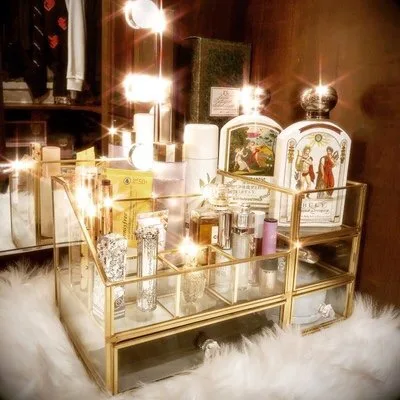 Antique Spacious Mirror Glass Cosmetic Storage Cube Set with 3 Tier Dustproof Drawers Vanity Tray/Gold Metal Makeup | Дом и сад
