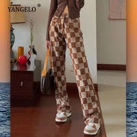 oversized checkerboard jeans women retro hot girl chocolate color street hip hop straight leg pants american trend casual jeans