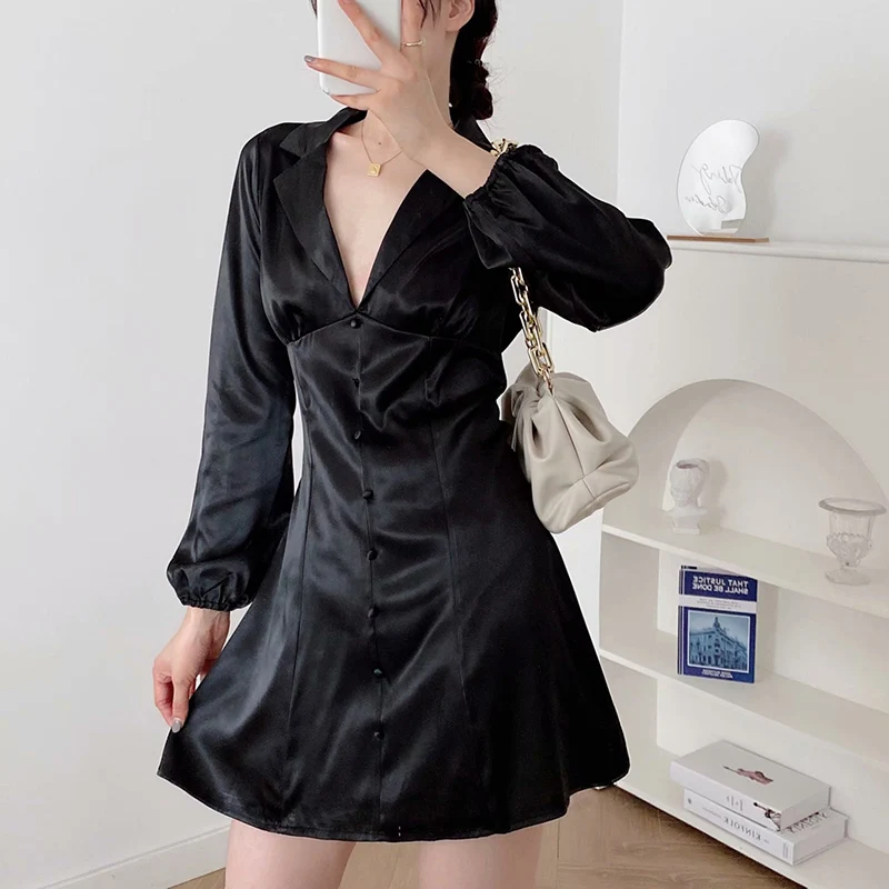 

Женское мини-платье с V-образным вырезом, винтажное черное однобортное короткое платье с длинным рукавом-фонариком в повседневном стиле, 2021