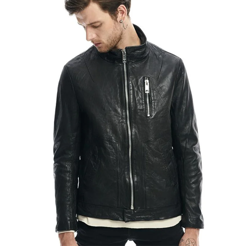 

Мужская кожаная куртка на молнии, с воротником-стойкой и вощеной овчиной