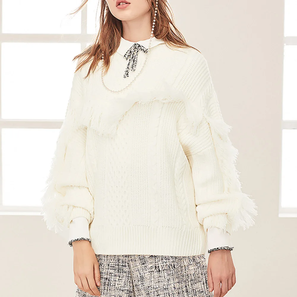 Женский свитер с круглым вырезом белый пуловер длинным рукавом в стиле пэчворк