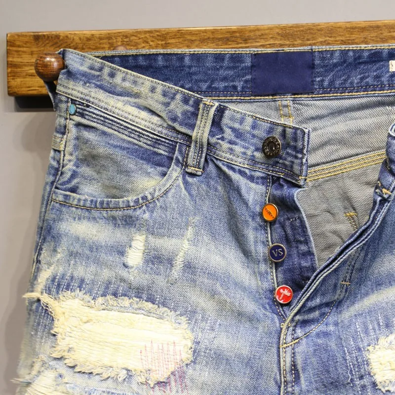 Summer Mens New Fashion Hole Ripped Short Jeans Knee Length Embroidery Slim Fit Bermuda Denim Shorts Streetwear Cowboy Trousers