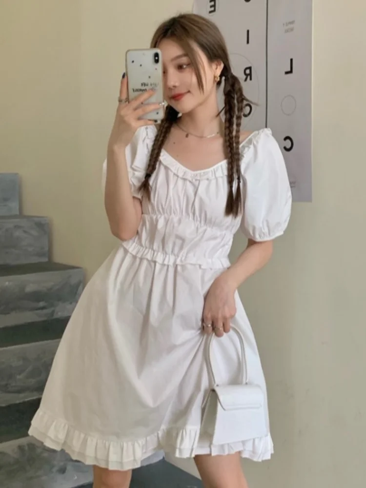 

Платье женское с квадратным вырезом, белое тонкое ТРАПЕЦИЕВИДНОЕ ПЛАТЬЕ с коротким рукавом, с завышенной талией, в Корейском стиле, на лето