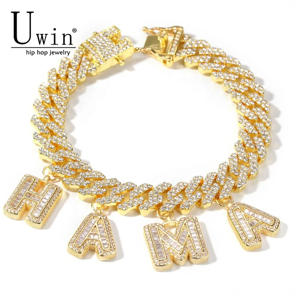 Uwin Custom S Link Miami кубинская ссылка с багетом буквы Стразы 12 мм браслет панк хип хоп