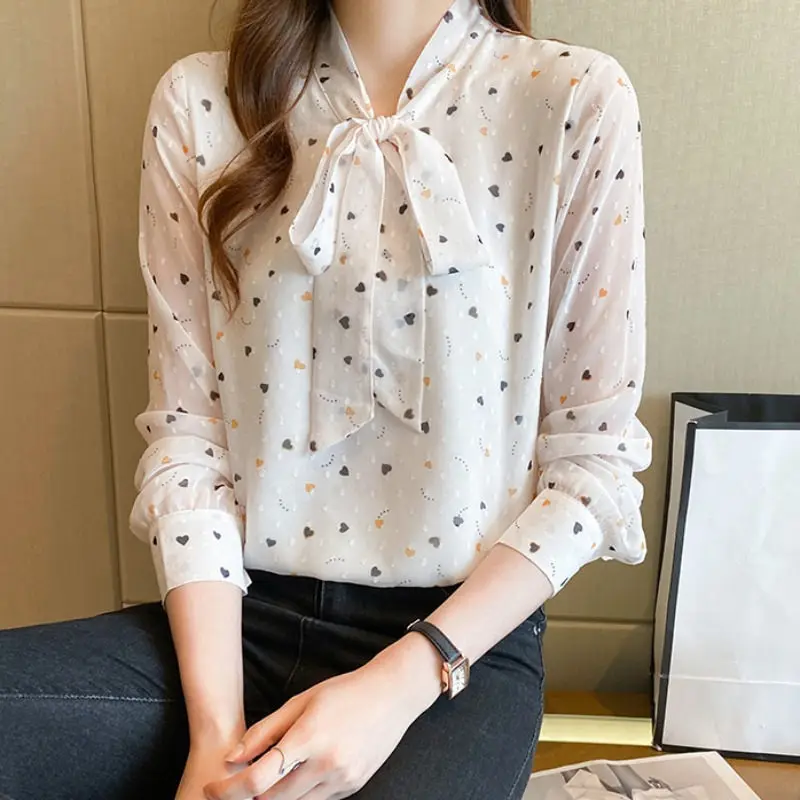 

French Shirt And Blouse 2021 New Floral V-Neck Chiffon Women's Long Sleeve Fashion Bow Ribbon Top M278