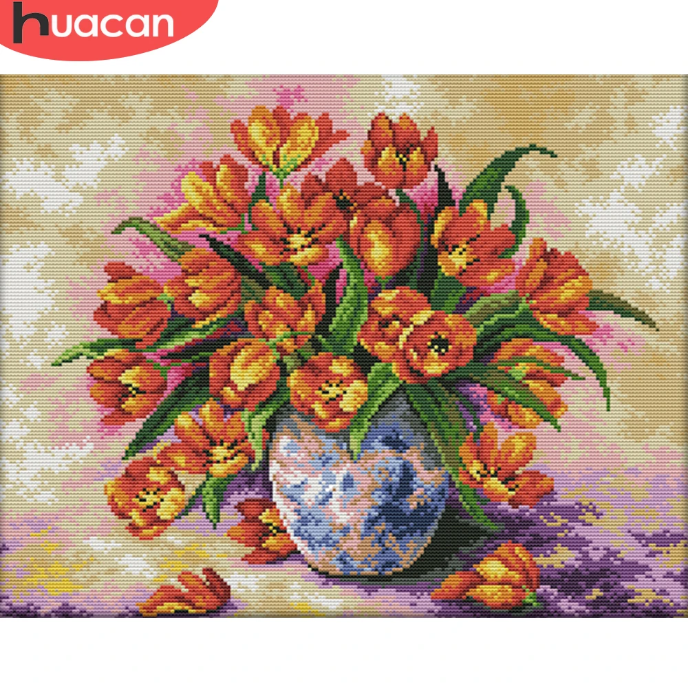 

HUACAN Cross Stitch Flower In Vase Kits White Canvas Home Decoration Embroidery Floral Needlework Sets 11CT 14CT DIY Gift