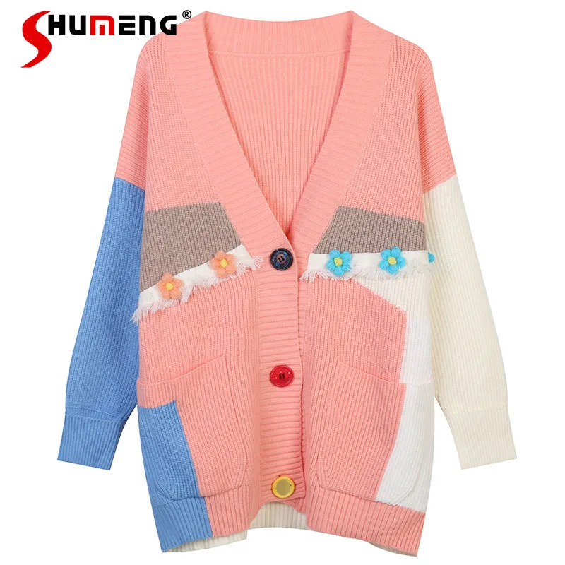 

Women's Color Black Knitted Cardigan 2021 Autumn Winter Loose Aesthetic V-neck Long Sleeve Flower Embroidery Cardigans Sweater