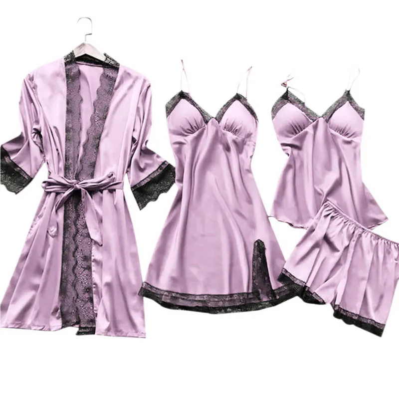 

Sexy Lace Nightwear Pajamas Women Suit Intimate Lingerie Women Satin Pajamas Sleep Set 5pcs Kimono Robe Soft Homewear Sleepwear