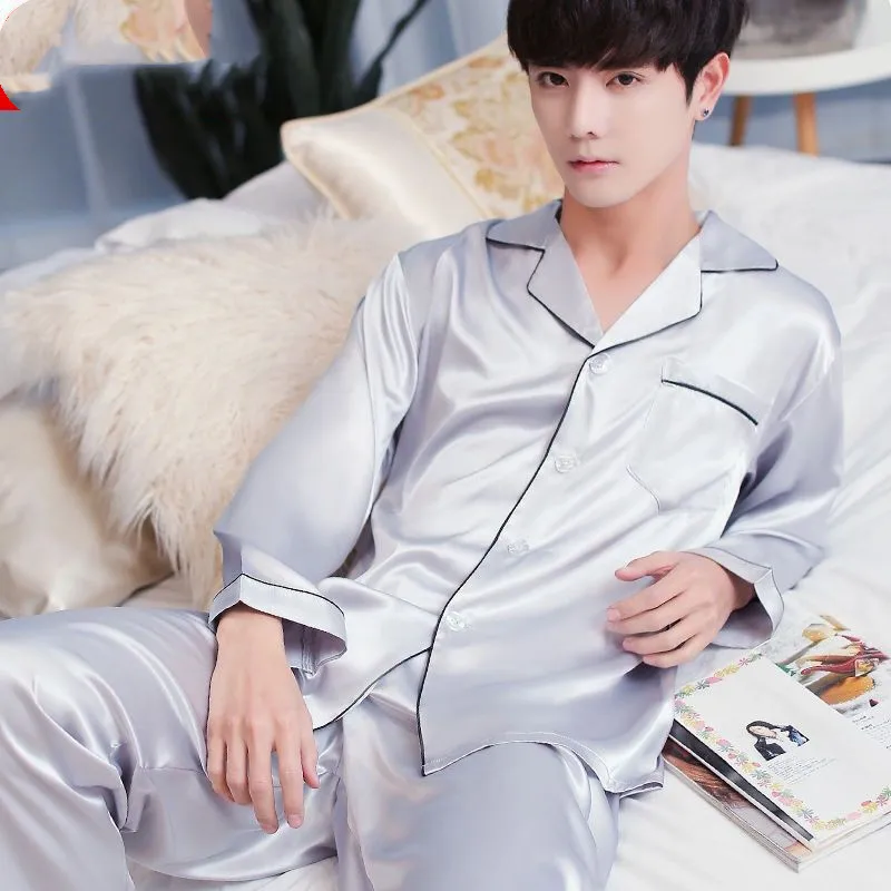 Men's Rayon Silk Pajamas Sexy Stripe Sleepwear Set Pajama Set Top Full Sleeve Shirt Pant Big 2PCS/Suit Men Homewear kPaCotAkoWka