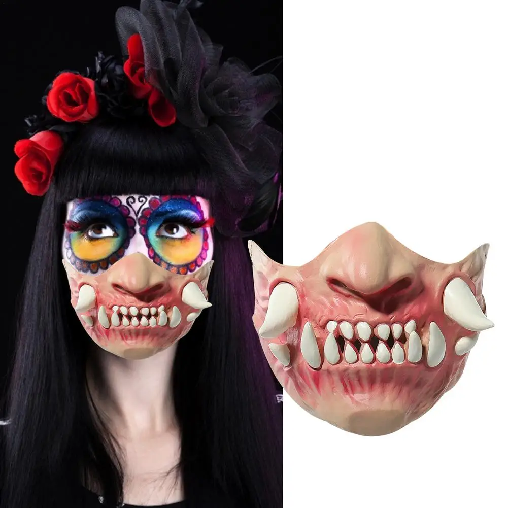 

2021 New Face Cover Latex Half Face Scary Teeth Halloween Headgear Cosmask Halloween Smile Horror Half Face Haunted Headgear