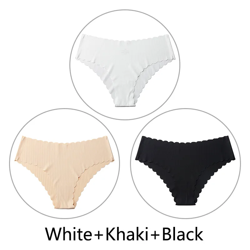 White Khaki Black 3 шт./партия, сексуальные бесшовные трусики с оборками для женщин, полосатые трусы с низкой посадкой, цельное нижнее белье, женское нижнее белье, американский размер xs-l - Цвет: White Khaki Black