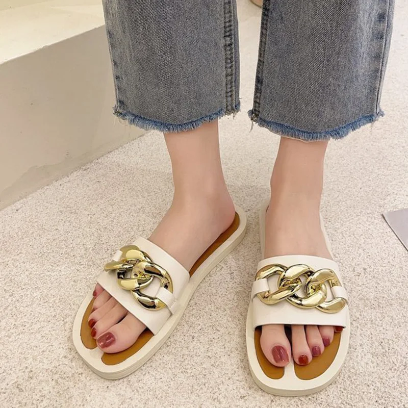 

Шлепанцы женские металлические, сланцы, плоская подошва, уличные сандалии, Тапочки, шлепанцы, модель 2021