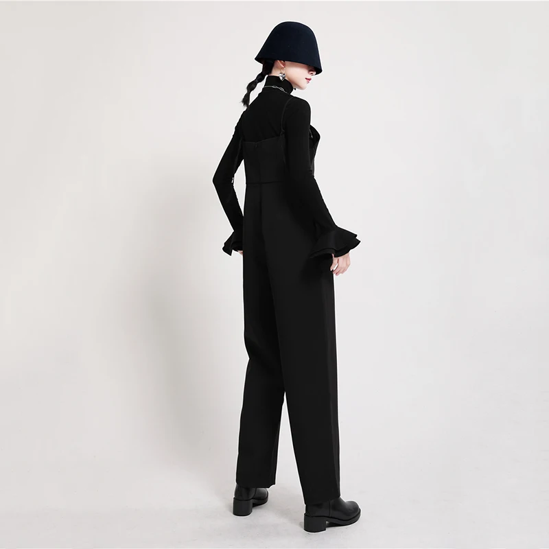 

[EAM] Loose Fit Women Bandage Black Long Jumpsuit New High Waist Pocket Stitch Pants Fashion Tide Spring Autumn 2021 1DD5185