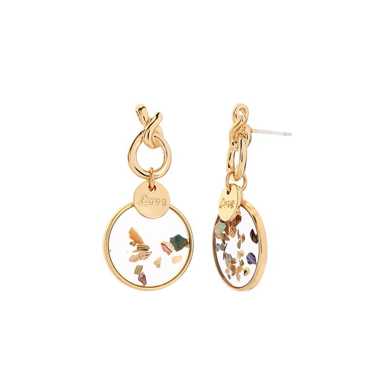 Gold Color Kissme уникальный круглый грязный прозрачный пластик любовь табличка узел Висячие серьги для женщин золотой цвет модные ювелирные изделия оптом - Окраска металла: Gold Color