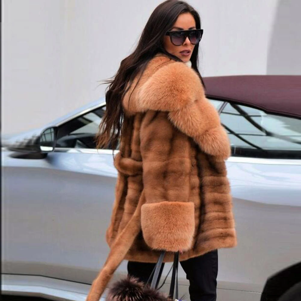 TOPFUR Winter Lapel Collar Real Fur Coat Women Natural Mink Fur Medium Coats With Belt Full Sleeves Coats With Fox Fur Hood