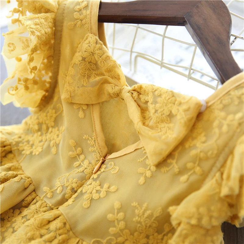 Платье для девочек с желтым бантом и цветами элегантное вечернее свадебное