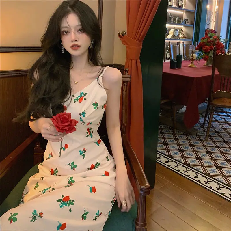 

Wine afternoon French retro 2021 women's spring new rose print fashion dress V-neck open back slim suspender skirt