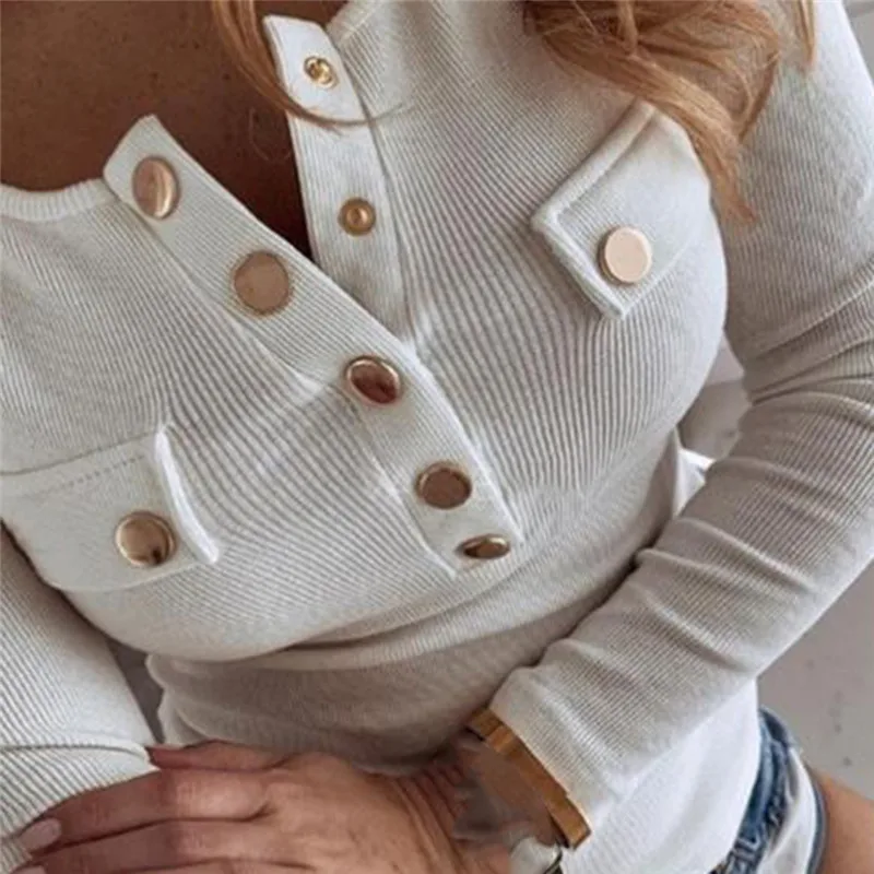 

2021 Cotton Women spring O Neck Pullover Long Sleeve T shirt Loose Leisure Buttons feminina Tee Female Tops Plus Size S-5XL