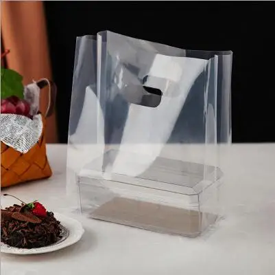 

50pcs Transparent Plastic Bag With Handle Food Takeaway Packaging Bag Xmas Party Cake Wrapping Bags