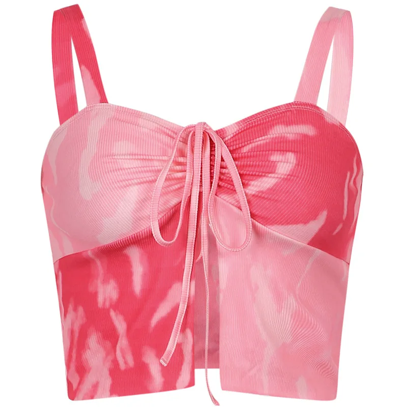 

XIYUU Summer Camis Tops Women Sexy Vest Backless Shirring Tie-dye Color Collision Croped Top Bandage Camisole Basis Tank Top