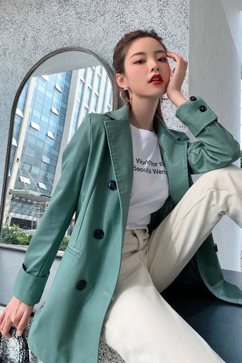 

Leather Pure PU Blazer Women Fashion Vintage Double Breasted Long Sleeve Slim Faux Leather Jackets Coats Office Ladies Work Wear