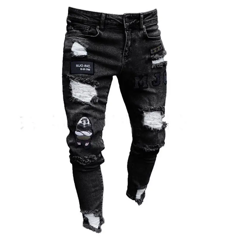 

Fashion Men Stretchy Ripped Skinny Hole Jeans Pants Destroyed Frayed Taped Slim Fit Denim Trousers Pants Scratched Jean